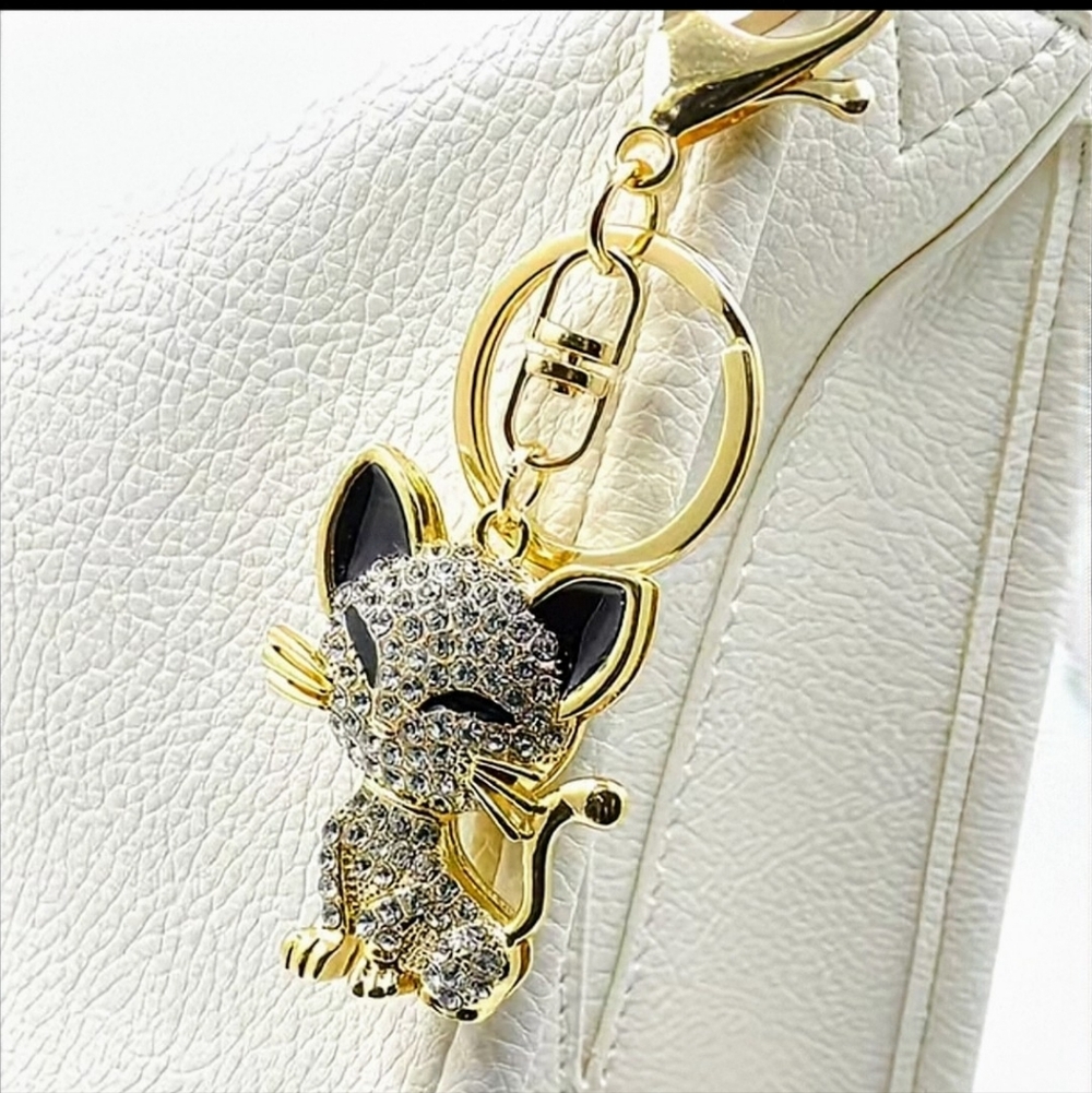NWT*CAT Keychain/Purse Charm-Gold,Black, RHINESTONE w/ Lobster Clasp*NEW